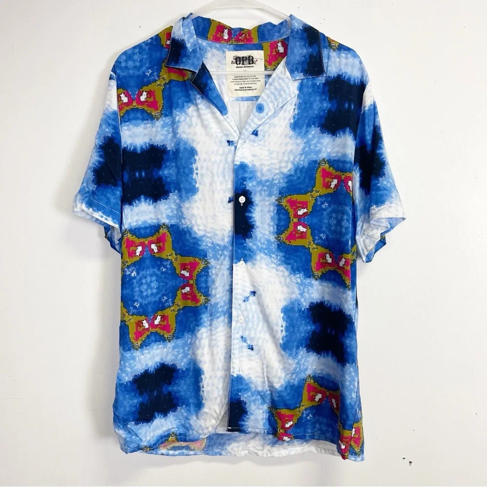 NEW OPB Original Paperbacks Shirt Medium Blue Multicolor Short Sleeve Button Up